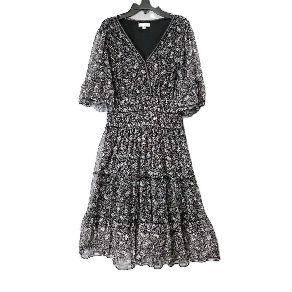 Max Studio women Summer coctail V neck tiered prairie Boho casual Midi dress S